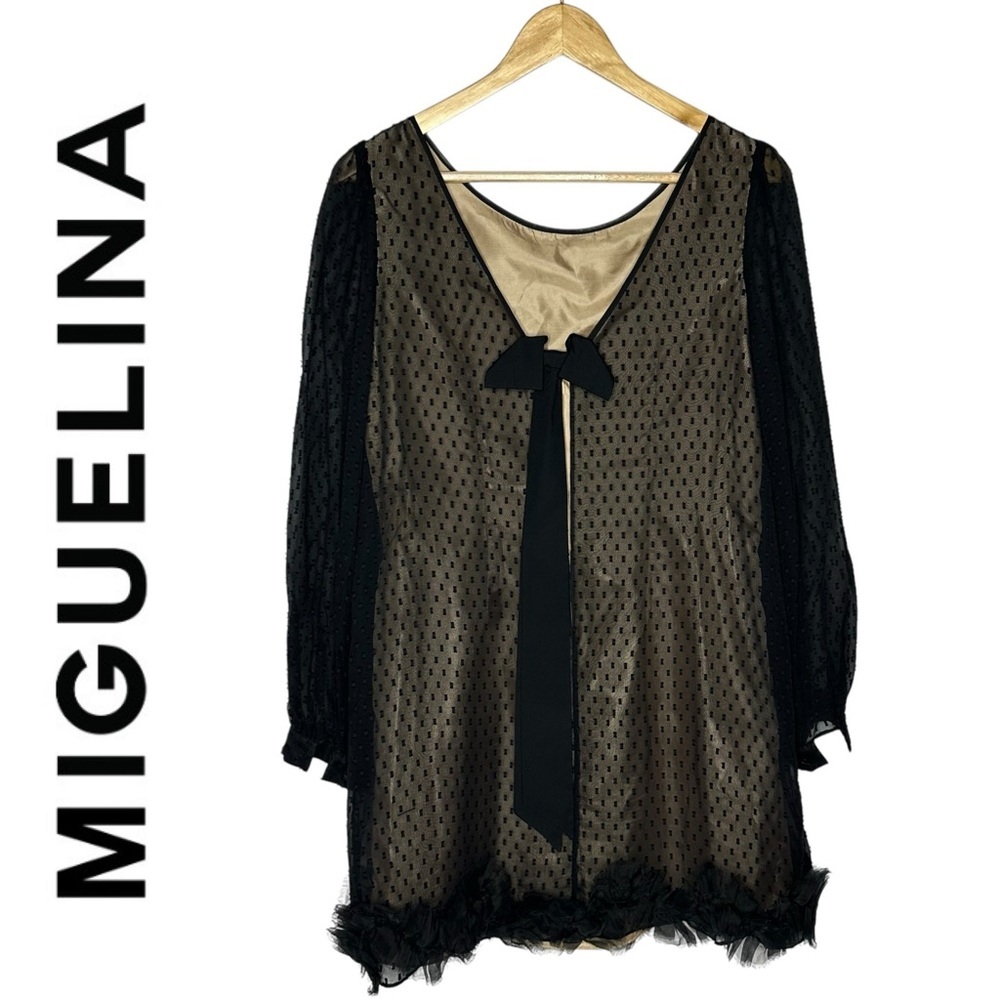 Miguelina 100% Silk Sheer Black Swiss Dot Overlay Nude Dress S